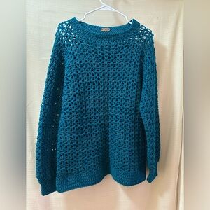 Handmade Teal Crochet Open Knit Sweater | Boho Oversized Pullover